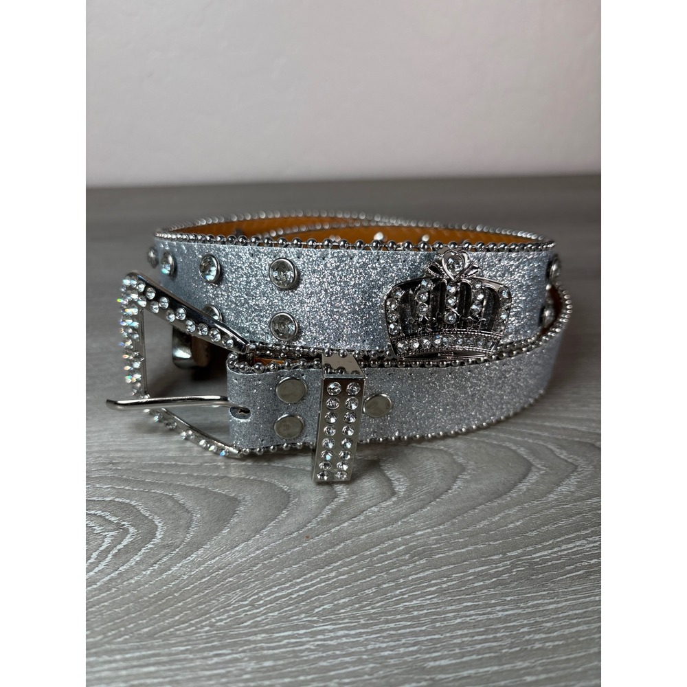 Silver Glitter Rhinestone Crown Belt Y2K‎ Western Crystal Bling 39 Inch